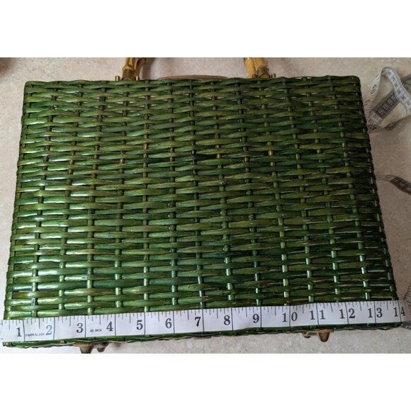 Vintage‎ Green Wicker Rattan Satchel Briefcase Purse Bamboo Handle  14"X10" MCM - Picture 14 of 16